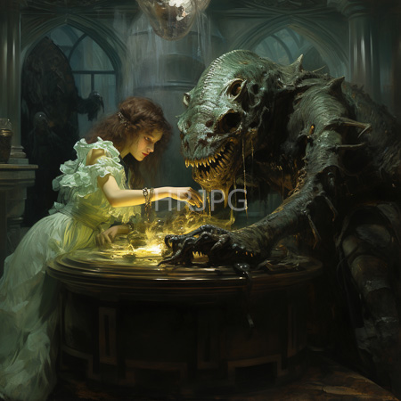 High Resolution: Dark detailed oil painting depicts an ethereal woman interacting closely with a monstrous creature at a glowing cauldron in Gothic-style architecture download. | HRJPG.com