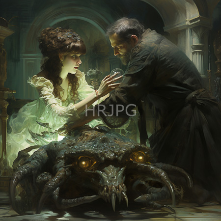 High Resolution: Dark detailed oil painting depicts an intense scene between a young woman holding hands with an older man over a monstrous creature resembling Medusa download. | HRJPG.com
