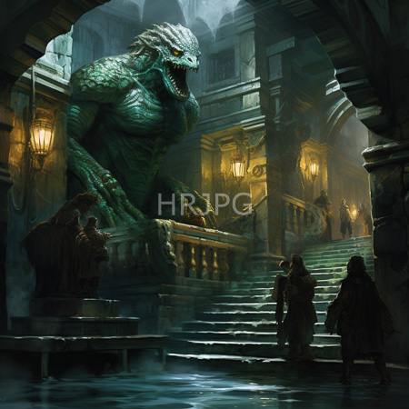 High Resolution: Green-scaled dragon with sharp teeth and menacing eyes stands in ancient stone ruins under dim lantern light with three cloaked figures at its base download. | HRJPG.com