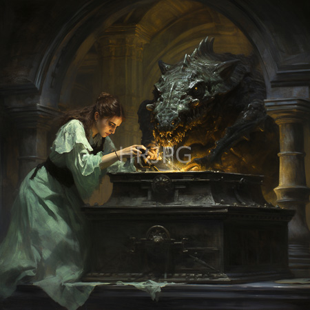 High Resolution: Dark detailed oil painting depicts an alchemist woman holding tweezers over molten gold in front of a roaring black dragon-headed furnace download. | HRJPG.com