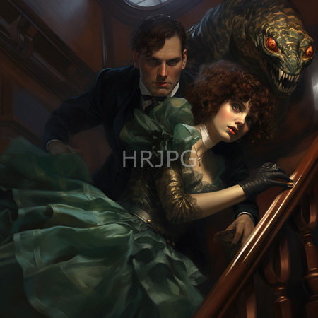 High Resolution: Intense scene features a curly-haired woman in a green dress descending stairs while a stern-looking man holds back a menacing dragon-like creature download. | HRJPG.com