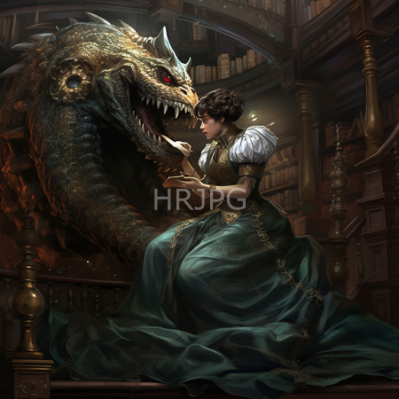 High Resolution: Elegant woman in period attire with a green dress sits on ornate wooden stairs facing a large dragon-like creature with glowing red eyes download. | HRJPG.com