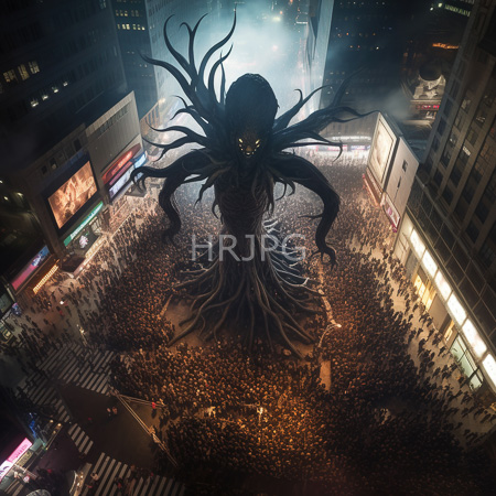 High Resolution: Enormous dark tentacled monster with glowing yellow eyes stands in a crowded city square at night towering over thousands of people below download. | HRJPG.com