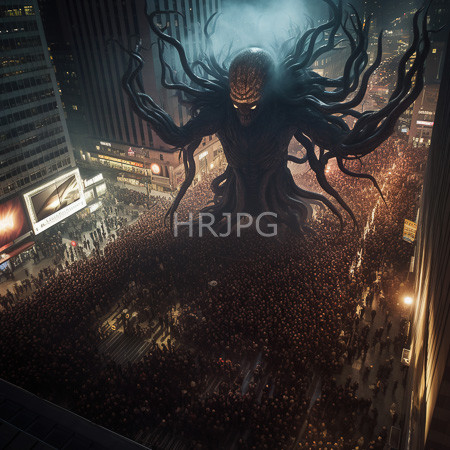High Resolution: Enormous monstrous creature with dark tentacles and glowing eyes looms over a densely packed city square at night with illuminated skyscrapers download. | HRJPG.com