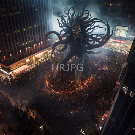 High Resolution: Enormous monstrous creature with dark skin and long tentacle-like appendages emerges from chaos in a crowded city square at night download. | HRJPG.com