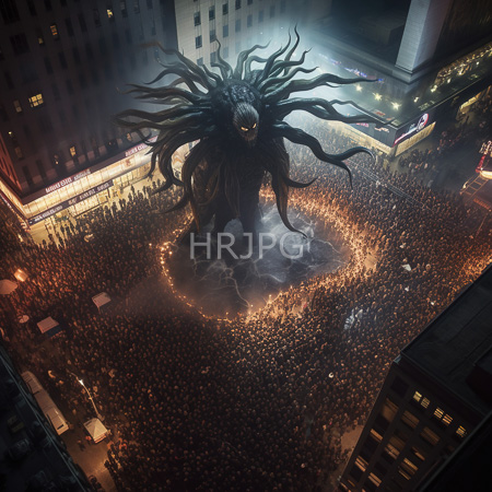 High Resolution: Enormous dark creature with tentacle-like appendages stands in a city square at night surrounded by thousands of people forming concentric circles download. | HRJPG.com