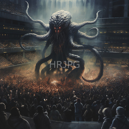 High Resolution: Enormous tentacled sea monster with glowing red eyes emerges from darkness in front of a packed stadium filled with spectators holding lit torches download. | HRJPG.com