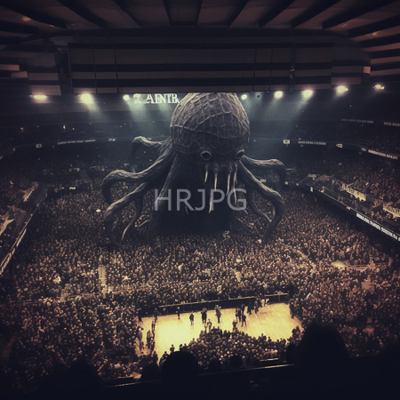 High Resolution: Enormous dark tentacled sea monster with long white teeth looms over a packed stadium with spectators and an illuminated basketball court below download. | HRJPG.com