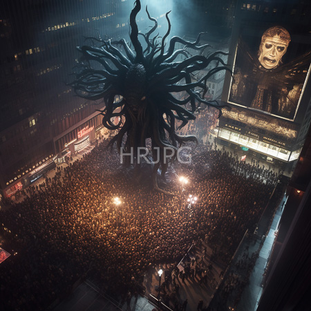 High Resolution: Aerial photograph of an enormous dark statue with tentacle-like appendages towering over a densely packed crowd in an urban night setting download. | HRJPG.com