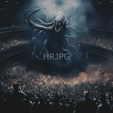 High Resolution: Enormous tentacled sea monster with glowing eyes and sharp teeth rising from beneath a crowded stadium's center stage under dim blue lighting download. | HRJPG.com