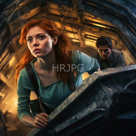 High Resolution: Two young adults in an industrial dim-lit setting a red-haired woman leaning forward on a metal structure while a dark-haired man stands blurred behind download. | HRJPG.com