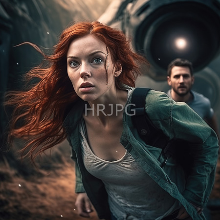 High Resolution: Photorealistic intense scene features a red-haired woman with fair skin wearing a dirty white tank top and worn-out olive-green jacket with visible scratches download. | HRJPG.com