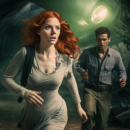 High Resolution: Two people running in a dim green-lit forest at night a red-haired woman in a beige dress and a dark-haired man with a black backpack download. | HRJPG.com