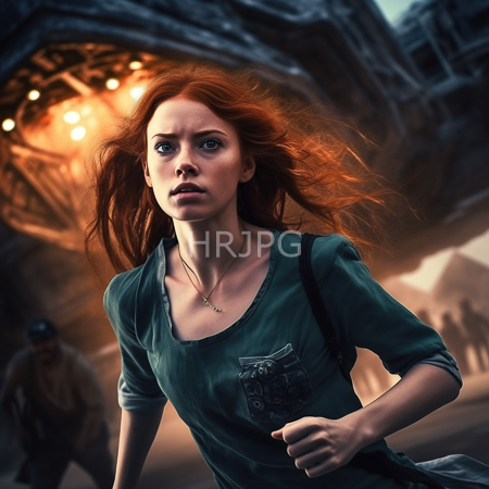 High Resolution: Intense red-haired woman with fair skin and blue eyes running through a dim-lit futuristic cityscape at night wearing a green dress with pockets download. | HRJPG.com