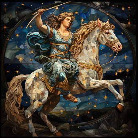 High Resolution: Ethereal classical-style woman with flowing brown hair riding a white geometric-patterned horse against a starry night sky in a stained glass frame download. | HRJPG.com
