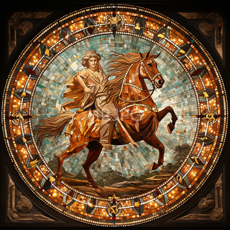 High Resolution: Intricate circular mosaic artwork depicts a classical scene of a young woman riding a rearing brown horse draped in golden-orange fabric download. | HRJPG.com