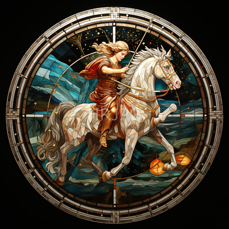 High Resolution: Detailed circular stained glass artwork depicts an ethereal blonde woman riding a white horse against a starry night sky and mountainous landscape download. | HRJPG.com