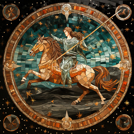 High Resolution: Intricate mosaic-style artwork depicts a goddess riding a rearing horse within a circular frame adorned with stars and geometric patterns download. | HRJPG.com