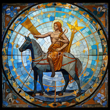 High Resolution: Intricately detailed photograph of stained glass art depicting Saint George on horseback holding a lance and shield wearing orange robes download. | HRJPG.com