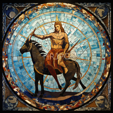 High Resolution: Intricate circular mosaic artwork depicts a muscular male figure with long brown hair and beard riding a black horse adorned in red cloth download. | HRJPG.com