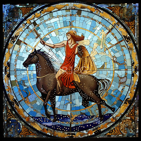 High Resolution: Intricately detailed photograph of stained glass art depicting a classical-style woman with curly brown hair riding a dark horse adorned in white speckles download. | HRJPG.com