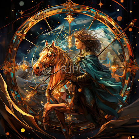 High Resolution: Armored curly-haired woman riding a golden horse within an ornate circular astrological gear adorned in gold and blue hues against a dark cosmic background download. | HRJPG.com