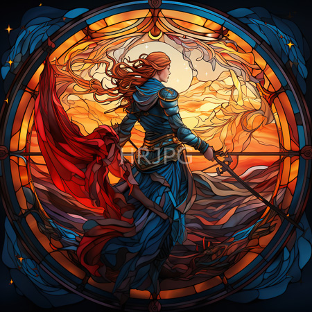 High Resolution: Armored woman with flowing red hair standing in front of a circular stained glass window at sunset wearing blue and gold armor and holding a sword download. | HRJPG.com