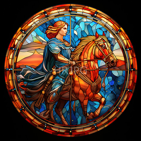 High Resolution: Intricately detailed circular stained glass artwork depicts a blonde woman in flowing blue and gold attire riding a vibrant orange horse download. | HRJPG.com
