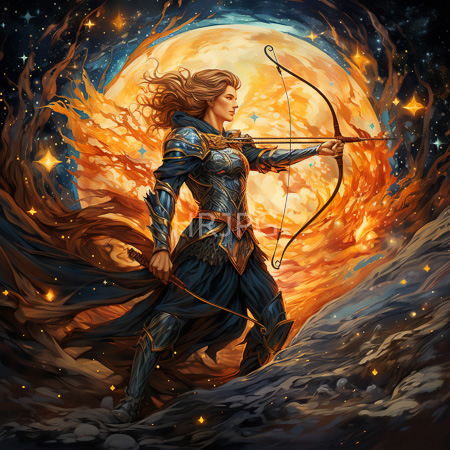 High Resolution: Armored blonde woman with flowing hair aiming her bow at a glowing full moon surrounded by fiery clouds and stars in a space-like background download. | HRJPG.com