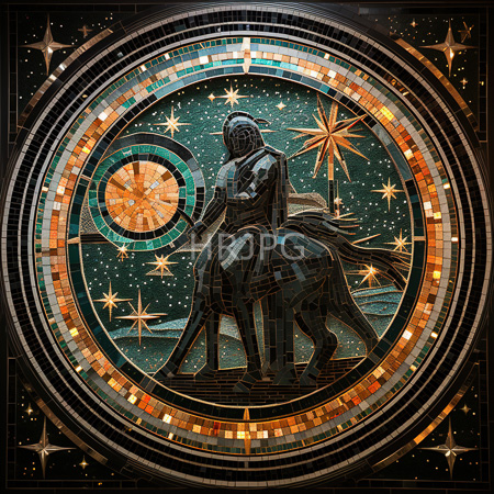 High Resolution: Intricate circular mosaic depicting Astraea riding on Pegasus against a starry night sky with constellations and planets download. | HRJPG.com