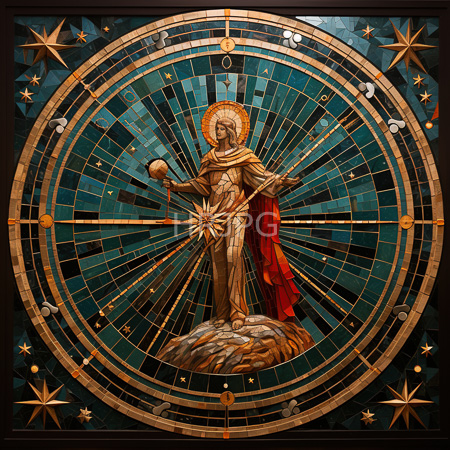 High Resolution: Intricate detailed photograph of stained glass art depicting Jesus Christ standing on clouds within a celestial circle adorned with stars download. | HRJPG.com