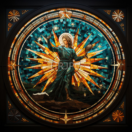 High Resolution: Ornate circular stained glass window depicts Jesus Christ in green robes standing on rocky terrain holding a staff radiating golden sunburst rays download. | HRJPG.com