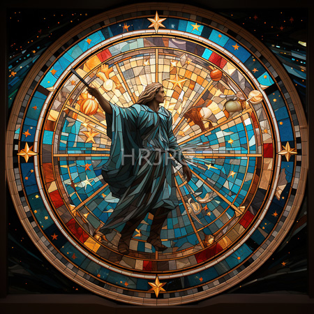 High Resolution: Ornate circular stained glass window depicts Jesus Christ in flowing blue robes holding scrolls surrounded by stars planets and angels download. | HRJPG.com