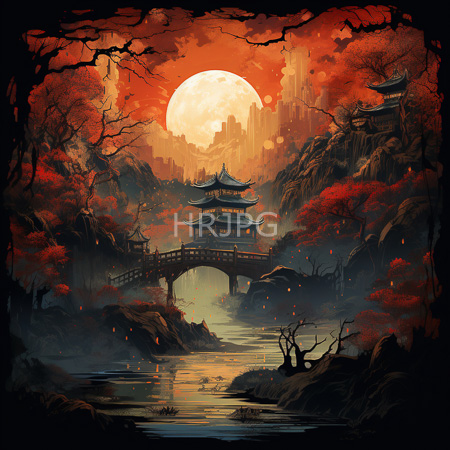 High Resolution: Ethereal fantasy landscape at sunset features a traditional Chinese pagoda bridge over calm waters surrounded by vibrant red-orange trees download. | HRJPG.com