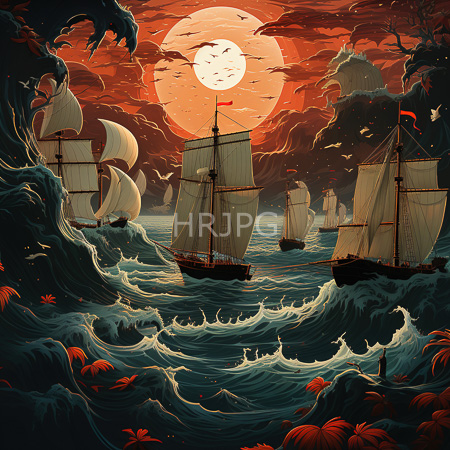 High Resolution: Turbulent seas at sunset feature several sailboats navigating through large waves under an orange-red sky with red flowers adorning rocky shores download. | HRJPG.com