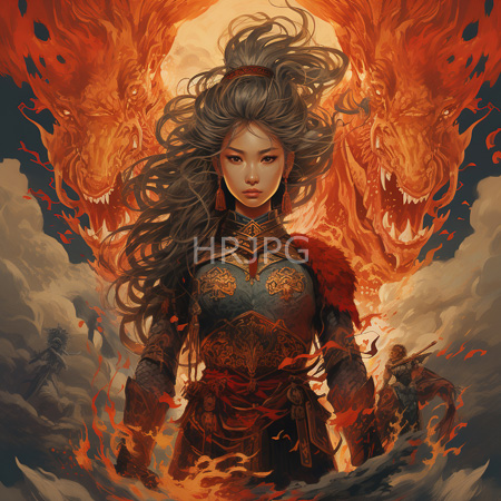 High Resolution: Asian woman with long flowing gray hair and an intense expression stands against a fiery orange background of two roaring dragon heads download. | HRJPG.com