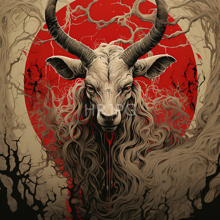 High Resolution: Eerie anthropomorphic goat with long wavy hair and prominent curved horns against a red circular background with blood-red drool dripping download. | HRJPG.com