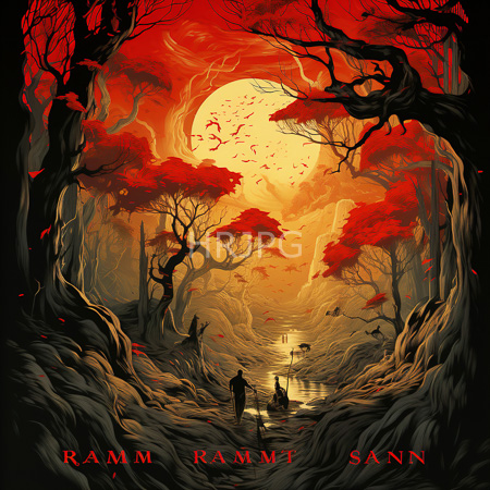 High Resolution: Two silhouetted figures walking through an eerie twisted forest with gnarled black trees and vibrant red leaves under a glowing orange sun download. | HRJPG.com