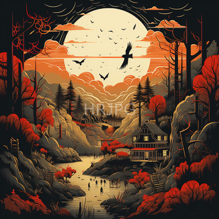 High Resolution: Anime-inspired illustration of a serene mountainous landscape at sunset with vibrant red and orange foliage and a small wooden house by a reflective river download. | HRJPG.com