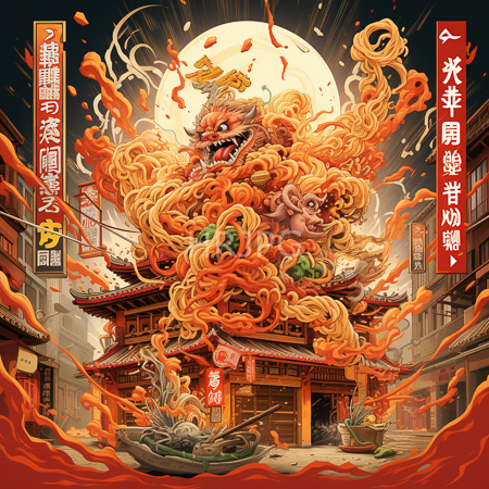 High Resolution: Vibrant fiery illustration depicts an enormous mythical creature with sharp teeth and horns engulfed by swirling orange noodles atop traditional Chinese architecture download. | HRJPG.com
