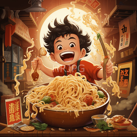 High Resolution: Excited Asian boy with black spiky hair and a wide smile holds chopsticks over overflowing noodles in a wooden bowl on a market stall download. | HRJPG.com