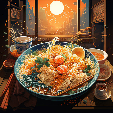 High Resolution: Elaborate bowl of ramen with two dumplings garnished with green onions and soy sauce on a wooden table at sunset in front of cityscape windows download. | HRJPG.com