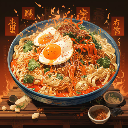 High Resolution: Steaming hot ramen in an ornate blue bowl topped with two sunny-side-up eggs and garnished greens on a wooden table against a fiery background download. | HRJPG.com