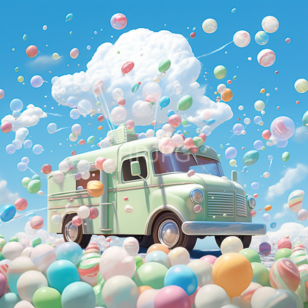 High Resolution: Vintage pastel green ice cream truck surrounded by colorful balloons and macarons against a bright blue sky with fluffy clouds download. | HRJPG.com
