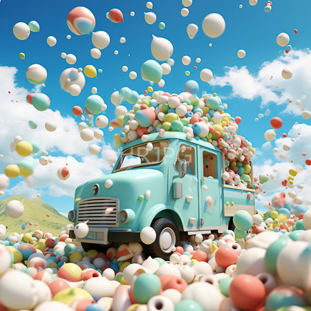 High Resolution: Vibrant illustration of an old-fashioned mint-green truck overflowing with colorful balloons in pastel hues against a bright sky and rolling green hills download. | HRJPG.com