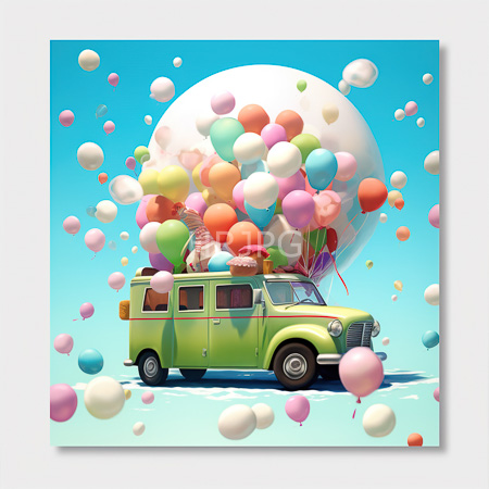 High Resolution: Old green van filled with colorful balloons including reds and pinks with a large white balloon floating above it against a bright blue sky download. | HRJPG.com