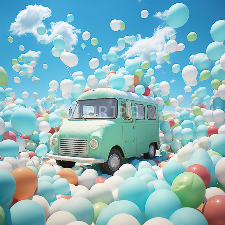 High Resolution: Photorealistic old mint-green Volkswagen camper van surrounded by numerous colorful balloons floating against a bright sky with fluffy clouds download. | HRJPG.com