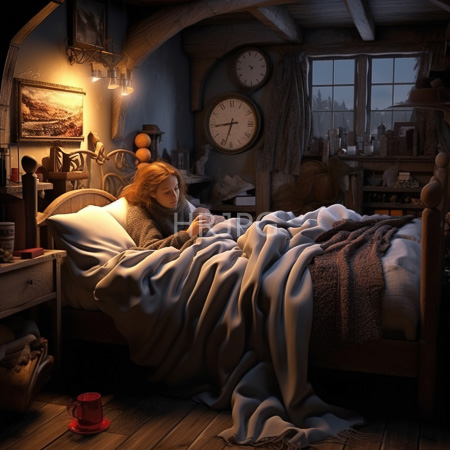 High Resolution: Atmospheric dim-lit bedroom at night features a red-haired woman lying in bed under blue-gray blankets with a clock above the window download. | HRJPG.com