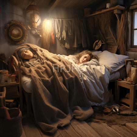 High Resolution: Two sleeping women in a rustic dim-lit wooden room with warm light from hanging lanterns one covered by a thick brown fur blanket download. | HRJPG.com