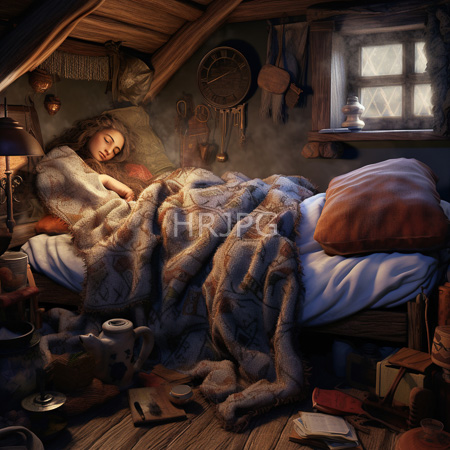 High Resolution: Photorealistic woman asleep with curly brown hair in a rustic attic bedroom under a thick fur blanket with soft light through the window download. | HRJPG.com